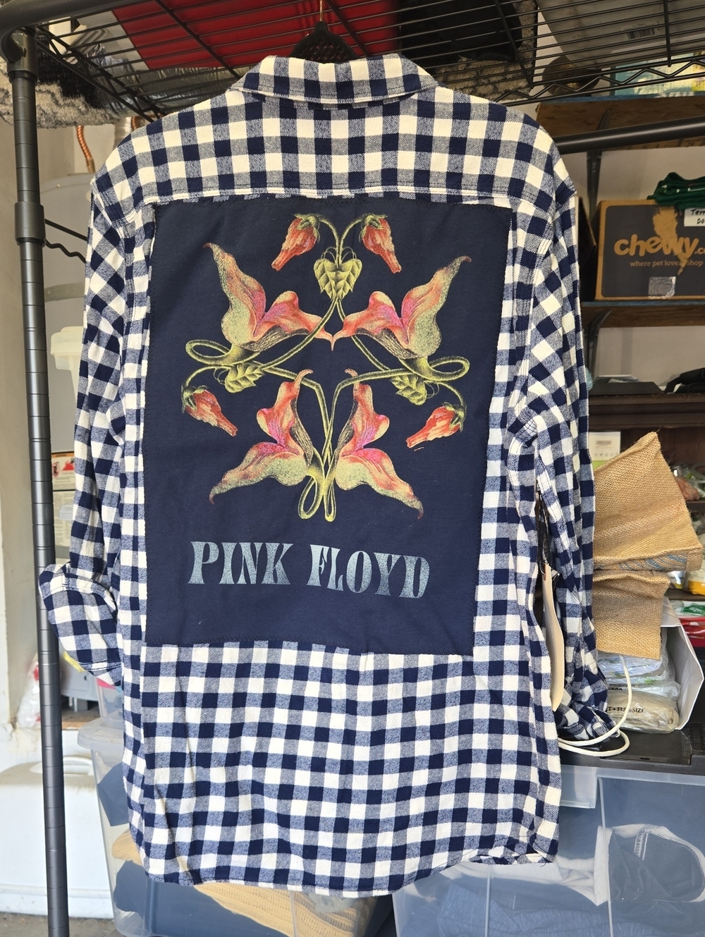 Pink Floyd Navy & White Check Flannel Shirt with Floral Back Panel